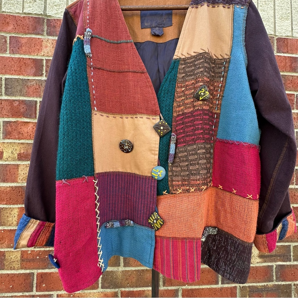 Sharon Anthony Crystal Vintage BOHO Patchwork Jacket Artsy Cottage Festival L